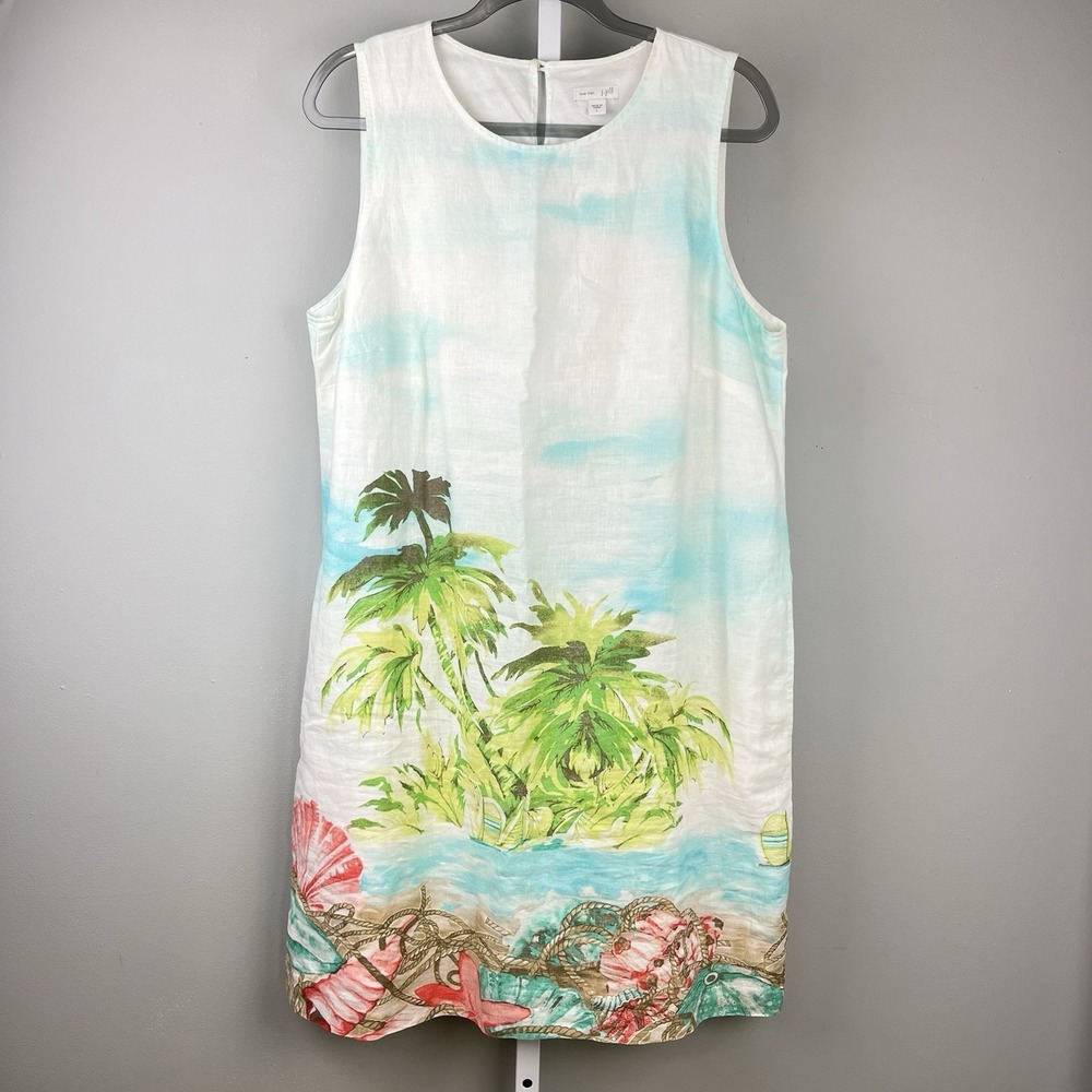 J. Jill Love Linen Shift Dress Womens L Tropical Beach Island Palm Tree Resort